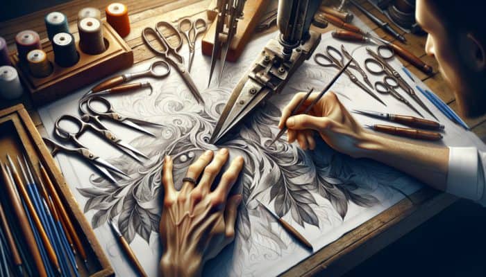 Close-up of hands using scissors to intricately cut fabric patterns on a well-lit workbench equipped with various tools.