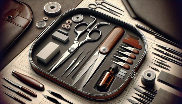 Sharp scissors stored in a protective case with sharpening stone and oil, surrounded by fabric pieces.