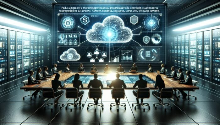 A futuristic control room featuring a holographic display of data streams, surrounded by secure cloud symbols, while a marketing team analyzes real-time reports.
