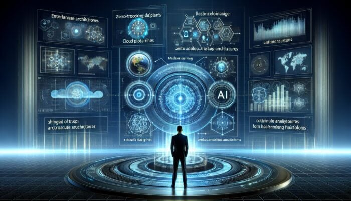 A cutting-edge marketing office showcasing AI, machine learning, and advanced cloud security measures in action.