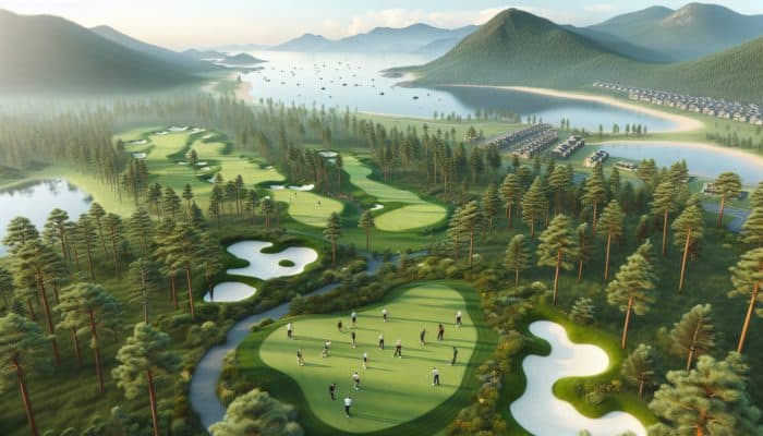 Aerial view of The Links Golf Club in George, South Africa, with green fairways, bunkers, and scenic mountains and coastline.