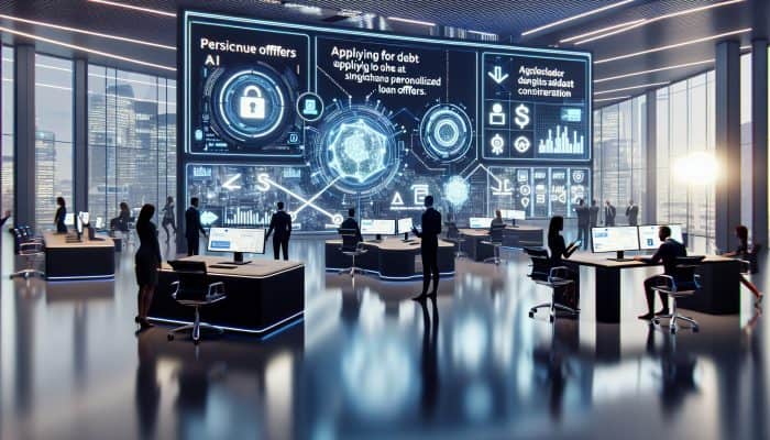 Debt Consolidation Loan Tech Advancements: UK Innovations | DCL A futuristic UK office with AI screens showing personalized loan offers, Zopa logo visible.