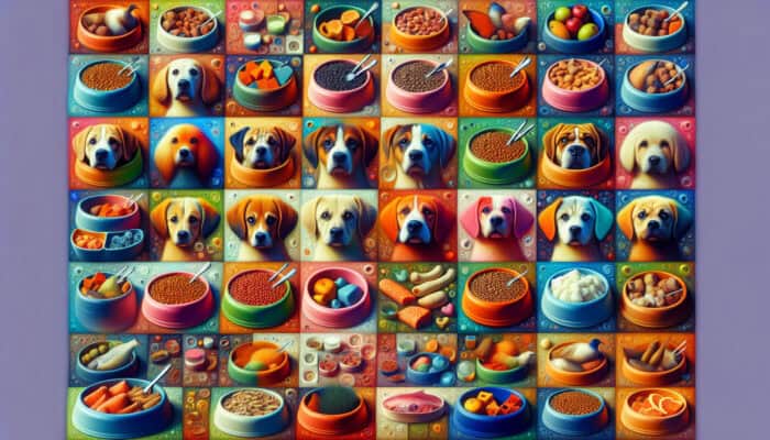 Collage of mixed breed pets with bowls of hypoallergenic food like duck, salmon, and sweet potatoes.