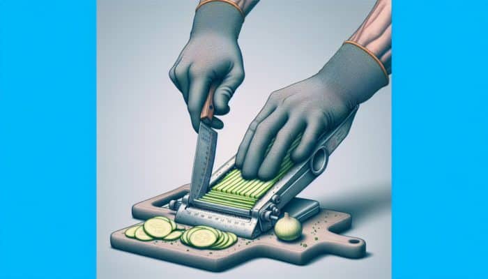 Person using mandoline slicer safely with cut-resistant glove, steady hand, safety guard visible.