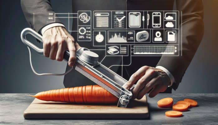Person using mandoline slicer with safety guard on carrot, ensuring safe and even slicing.