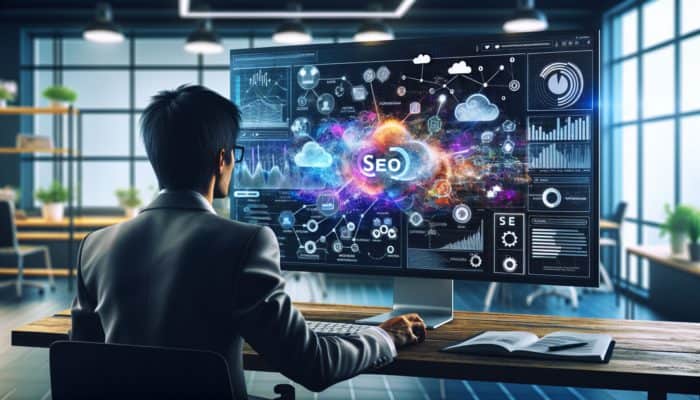 Small business owner analyzing competitor SEO strategies on computer with SEMrush and SpyFu in modern office.