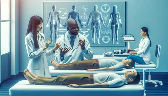 A modern acupuncture clinic where experts discuss weight loss benefits, with patients receiving treatment and efficacy charts displayed.