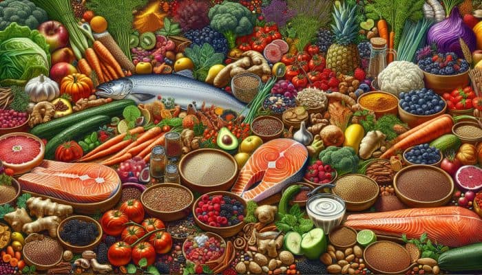 A kitchen counter in the UK featuring salmon, colorful vegetables, berries, quinoa, nuts, seeds, turmeric, and ginger.