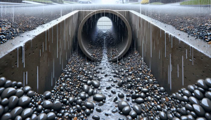 A well-maintained French drain system in South Vancouver showcasing clear pipes and unobstructed outlet during rainfall.