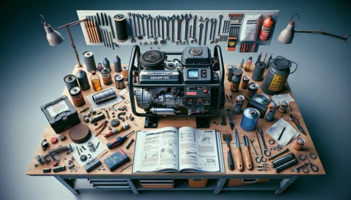 A well-maintained hurricane generator on a workbench with tools, oil, filters, batteries, stabilizers, and an open manual.
