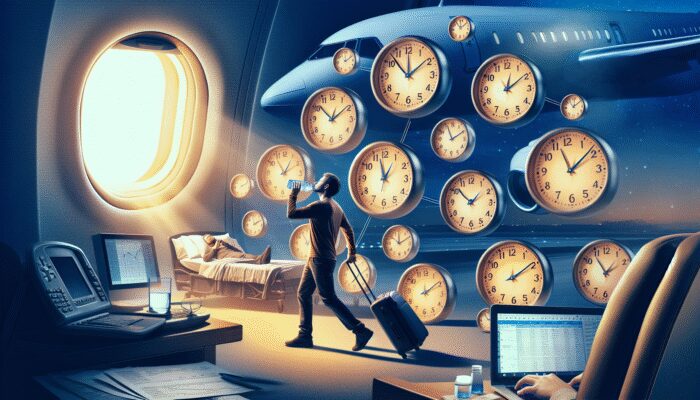 A traveler adjusting to a new time zone, shifting sleep schedule, staying hydrated, with clocks showing different times.