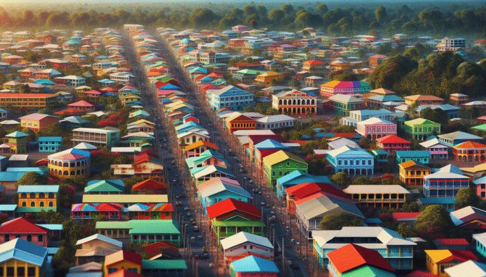 A vibrant cityscape of Belmopan, Belize, showcasing colorful buildings, lush greenery, and bustling streets.