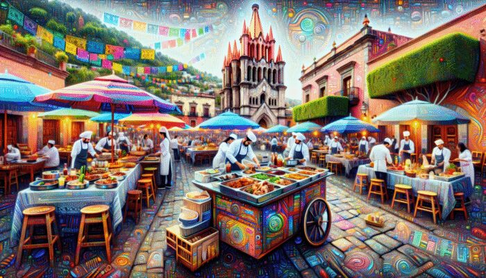 A lively culinary tour in San Miguel de Allende featuring street food, gourmet dining, and cooking classes amidst festive celebrations.