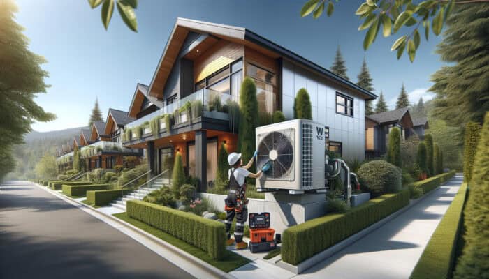 A modern heat pump unit on a contemporary home in New Westminster, with a technician performing maintenance amidst greenery.