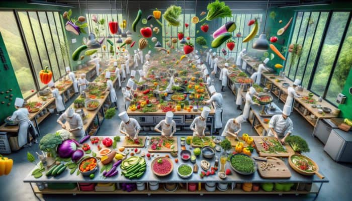 Chefs preparing colorful vegan dishes in a modern, eco-friendly kitchen.