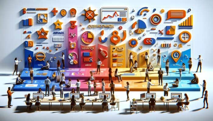 Diverse staff at e-commerce support center analyzing customer queries, updating FAQ webpage in real time with data trends.