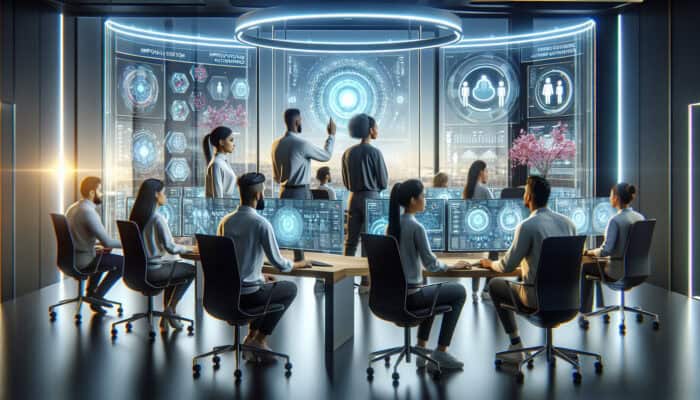 Diverse team of human virtual analysts in a tech office, analyzing data showing reduced churn and increased satisfaction.