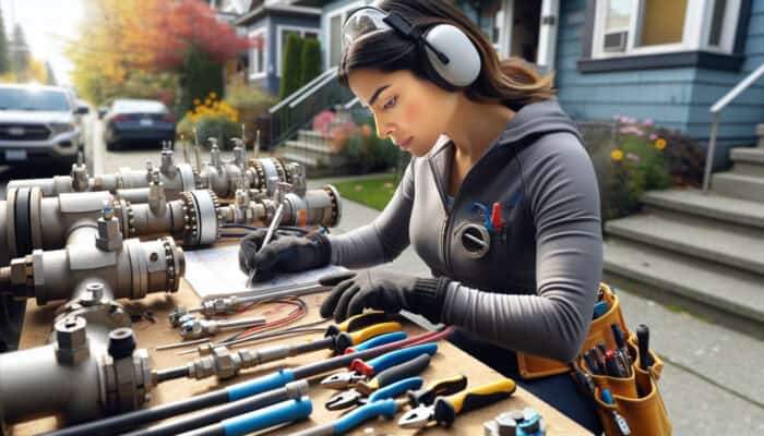A technician in Kitsilano performing maintenance on natural gas lines with tools in a well-organized environment.