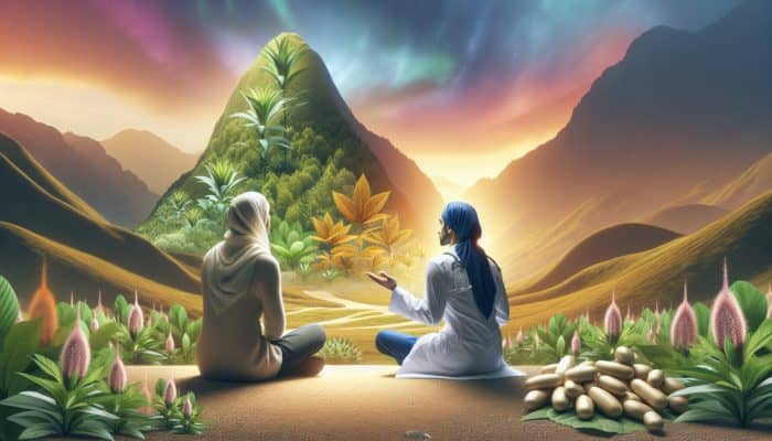 A person consulting a healthcare provider amidst adaptogenic plants like ashwagandha and ginseng, symbolizing safe, long-term use.