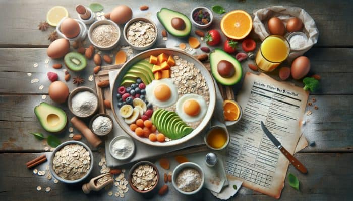 Hearty winter breakfast with oats, eggs, avocado, fruits, and vegetables on a rustic table, showcasing nutritional balance.