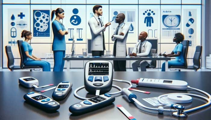 Infographic on diabetes blood testing in Airdrie clinic featuring glucose meters, test strips, and medical staff.