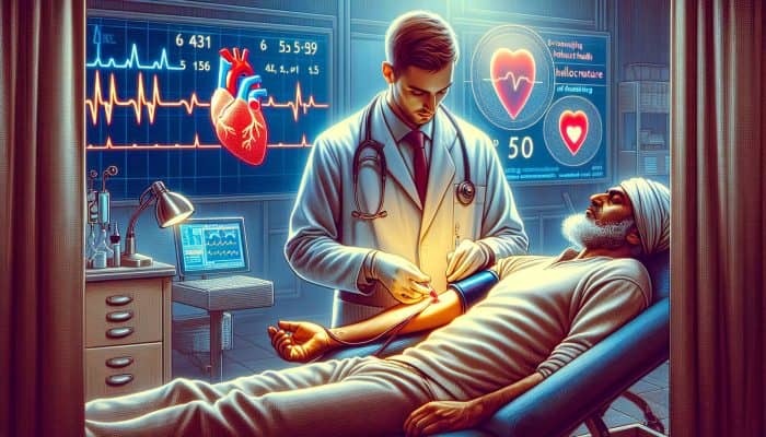 Cholesterol Blood Test In Swansea: A dedicated doctor performs a blood draw for cholesterol testing in a busy NHS clinic in Swansea, surrounded by informative heart health materials and declining statistics screens.