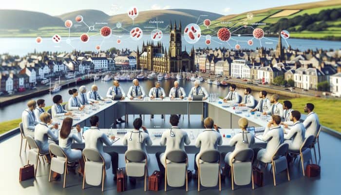 Medical professionals in white coats engage in discussions about cholesterol blood tests at a Swansea conference, surrounded by laboratory equipment and scenic bay views.