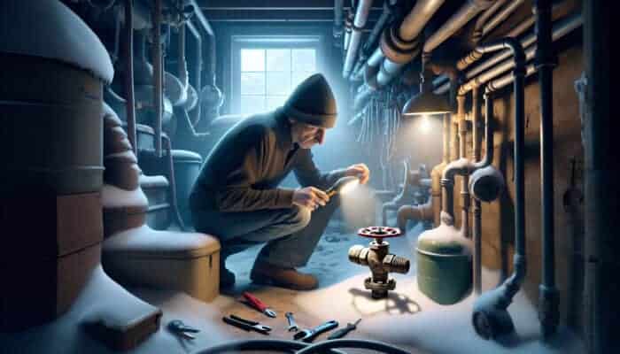 Homeowner in a Canadian basement inspects weathered water valve for leaks using flashlight, amid pipes and snow-covered windows.