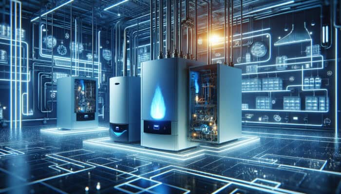 A modern boiler room in Kitsilano, Vancouver featuring gas boiler blue flames, oil boiler fuel lines, and electric boiler glowing coils generating steam.