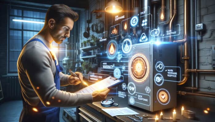 Technician inspects modern boiler in well-lit workshop, surrounded by glowing reviews on tablet, stopwatch, and warranty certificates.