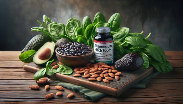 A vibrant still life of fresh almonds, green spinach, black beans, ripe avocados, and a supplement bottle on a rustic table.