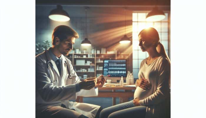A compassionate UK-certified specialist explains pregnancy test results to a relieved expectant mother in a serene clinic, surrounded by medical charts and warm lighting.