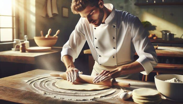 Chef laminating dough with precision using a rolling pin on a flour-dusted table in a well-lit kitchen.