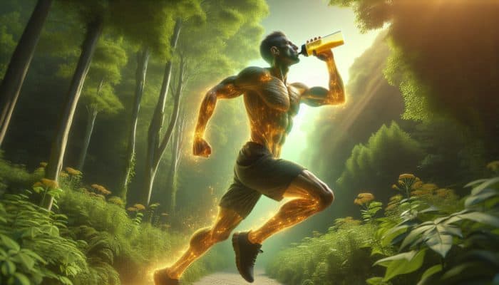 Determined athlete running through lush forest trail at dawn, sipping glowing turmeric-infused water, with rippling muscles and sustained energy.