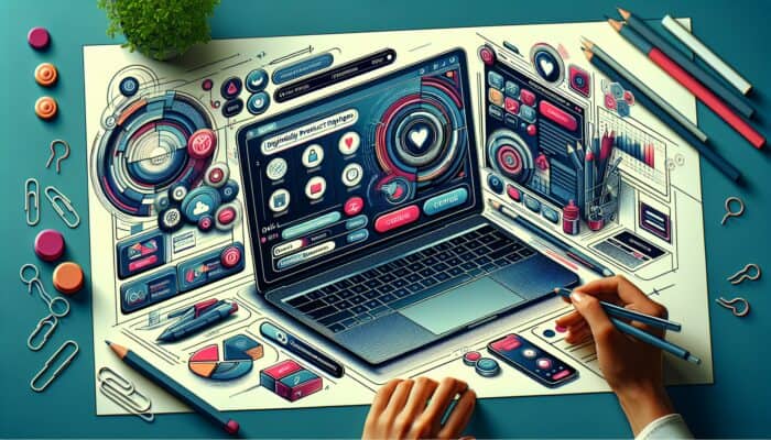 A colorful digital representation of a modern e-commerce page on a laptop, featuring intuitive navigation, user-friendly buttons, and engaged users browsing.